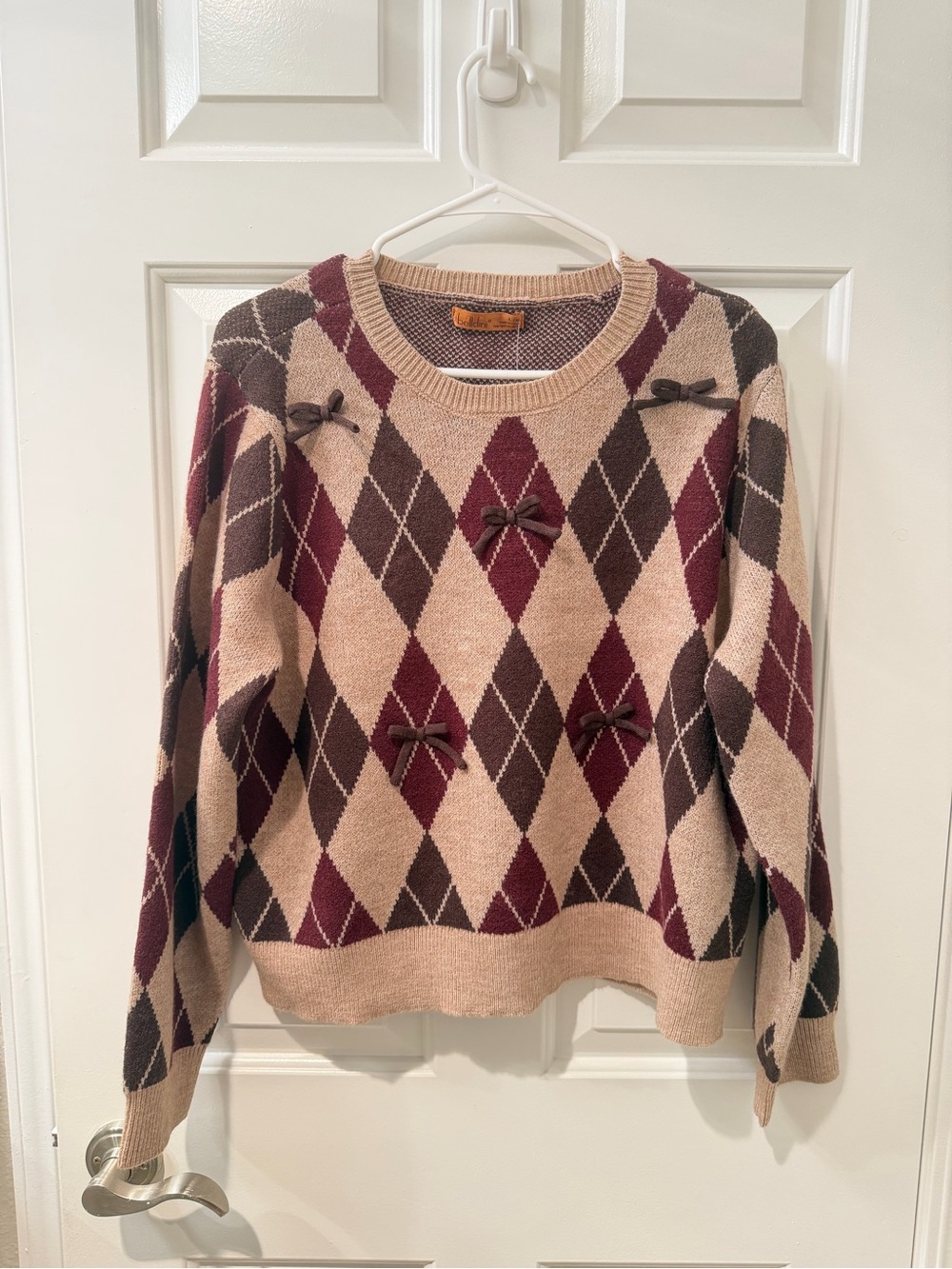 Belldini Argyle Bow-Accent Crewneck Sweater - Tan & Burgundy perfect for Fall